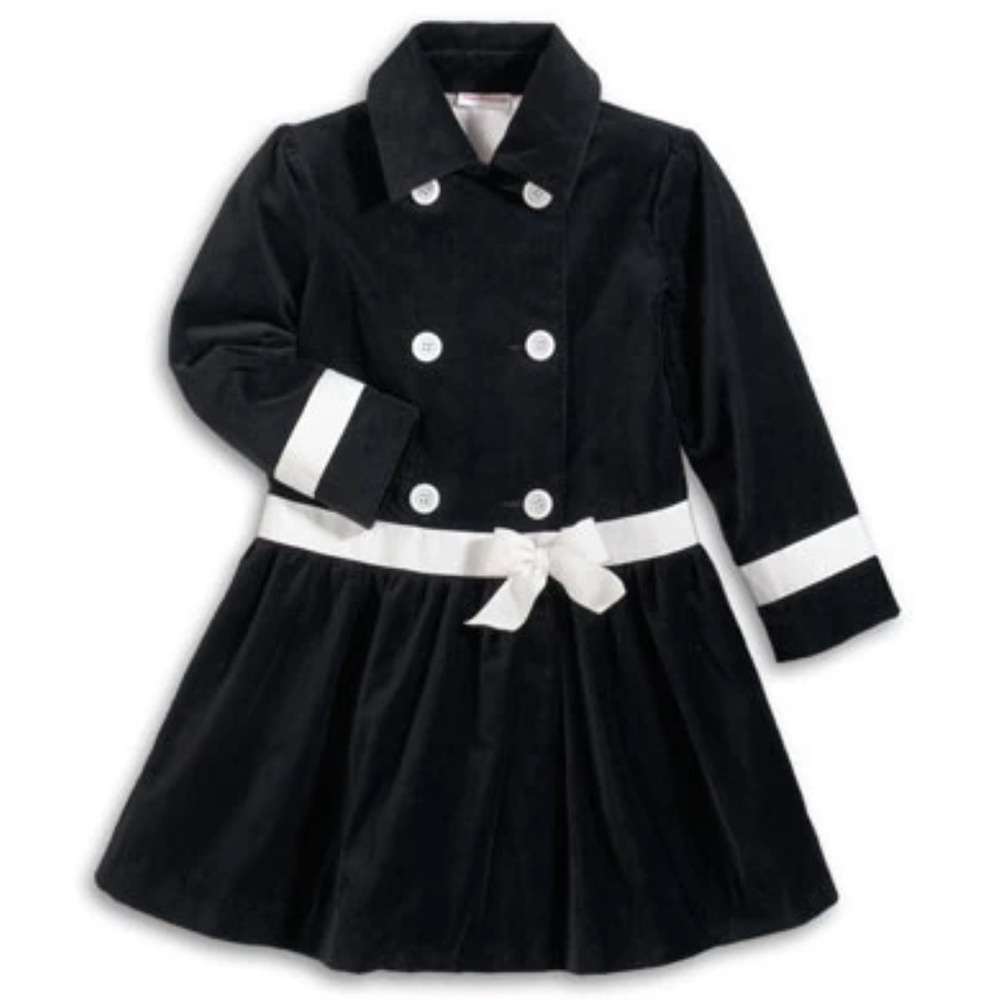 American Girl Just Like You Black Velveteen Button Coat with White Ribbon Detail